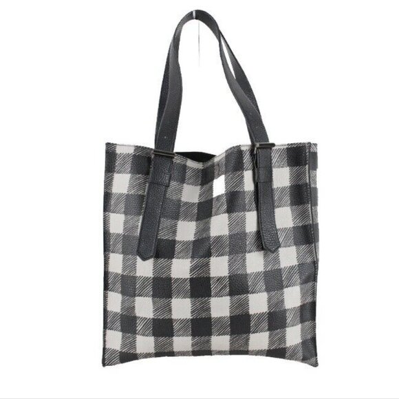 REED 14 x 13.5 Gray Black Check Vegan Tote Purse - Picture 1 of 7